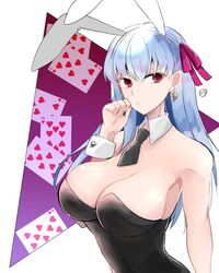  animal_ears bare_shoulders black_leotard black_necktie breasts card cleavage commentary detached_collar earrings fate/grand_order fate_(series) female hair_ribbon highres jewelry kama_(fate) kankitsu_kei large_breasts leotard long_hair looking_at_viewer necktie playboy_bunny playing_card purple_ribbon rabbit_ears red_eyes ribbon solo strapless strapless_leotard white_hair wrist_cuffs 