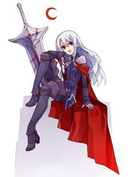  androgynous black_legwear cape emael_(pixiv_fantasia_revenge_of_the_darkness) full_body grey_hair long_hair pixiv_fantasia pixiv_fantasia_revenge_of_the_darkness planted pointy_ears red_cape red_eyes simple_background sitting solo sword tori_(10ri) very_long_hair weapon white_background 