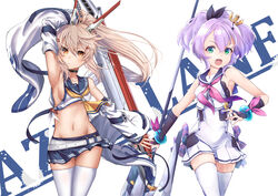  2girls arm_up armpits ascot ayanami_(azur_lane) azur_lane bare_shoulders blonde_hair blue_skirt bow breasts collaboration commentary_request crop_top crown detached_sleeves dress green_hair hair_between_eyes hairbow headgear highres holding holding_polearm holding_sword holding_weapon javelin_(azur_lane) long_hair looking_at_viewer medium_breasts midriff mini_crown miniskirt minosu multiple_girls navel neckerchief open_mouth pink_neckerchief polearm ponytail purple_hair red_eyes sailor_collar shirt short_hair sideboob sidelocks simple_background skirt sleeveless sleeveless_shirt spear swept_bangs sword thighhighs weapon white_background white_dress white_shirt white_thighhighs wide_sleeves yellow_ascot zettai_ryouiki zombie_mogura 