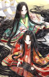  2girls :o absurdly_long_hair black_hair blue_eyes blush brown_eyes closed_mouth commentary_request diamond_(shape) diamond_print floral_print green_kimono heian highres japanese_clothes karaginu_mo kimono layered_clothes layered_kimono long_hair long_sleeves multiple_girls original parted_bangs parted_hair parted_lips pentagon_(railgun_ky1206) red_kimono sitting sleeves_past_wrists smile very_long_hair wide_sleeves 