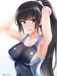  alternate_hairstyle armpits arms_up bad_id bad_pixiv_id black_hair breasts competition_swimsuit female hair_ornament hair_scrunchie highres ibuki_grunt isokaze_(kancolle) kantai_collection large_breasts long_hair one-piece_swimsuit open_mouth ponytail red_eyes scrunchie simple_background solo swimsuit twitter_username wet 