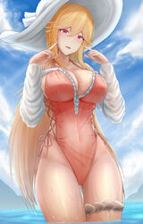  archstreal azur_lane backless_swimsuit breasts bridal_garter cloud female frilled_one-piece_swimsuit frills hat highleg highleg_swimsuit highres large_breasts long_hair official_alternate_costume one-piece_swimsuit orange_hair outdoors photoshop_(medium) pink_eyes pink_one-piece_swimsuit richelieu_(azur_lane) richelieu_(fleuron_of_the_waves)_(azur_lane) side-tie_swimsuit solo sun_hat swimsuit very_long_hair wading water white_hat 