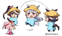  4girls aged_down animal_ears baby blue_shirt blush_stickers brown_hair chibi ears_through_headwear gold_ship_(umamusume) haru_urara_(umamusume) hat horse_ears horse_girl horse_tail jump_rope jumping kindergarten_uniform lolicon long_hair multiple_girls noma_taoru open_mouth pacifier pink_hair ponytail school_hat shirt simple_background sitting smile special_week_(umamusume) standing tail tokai_teio_(umamusume) twitter_username umamusume white_background yellow_headwear 