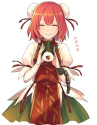  bad_link bandaged_arm bandages breasts bun_cover chains chorefuji closed_eyes closed_mouth cuffs double_bun female food food_on_face hair_between_eyes hair_bun holding holding_food ibaraki_kasen light_smile orange_hair puffy_sleeves red_ribbon ribbon rice rice_on_face shackles short_hair simple_background solo sushi tabard touhou wheat_print white_background 