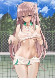  bare_shoulders blurry blurry_background braid closed_mouth cloud collarbone collared_shirt female fence hair_ribbon hands_up kesoshirou long_hair looking_at_viewer midriff navel original outdoors rain ribbon shirt side_braid sidelocks skirt sky sleeveless solo sportswear standing tennis_net tennis_uniform thighs tree water wet wet_clothes wet_shirt white_ribbon white_shirt white_skirt 