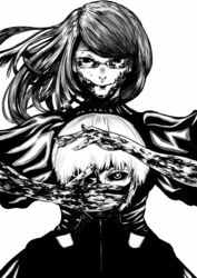  1boy absurdres closed_mouth euqarcia female glasses greyscale highres kamishiro_rize kaneki_ken long_hair looking_at_viewer mask monochrome one_eye_covered scar scar_on_arm scar_on_face semi-rimless_eyewear short_hair smile tokyo_ghoul upper_body wide_sleeves 