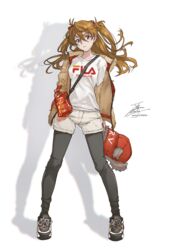  bag brown_hair commentary fadingz female full_body hair_ornament handbag highres jacket long_hair neon_genesis_evangelion open_clothes open_jacket pants_under_shorts shirt shoes shorts simple_background sneakers solo souryuu_asuka_langley white_background white_shirt white_shorts 