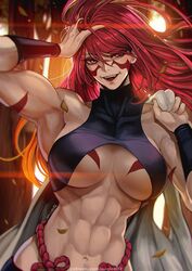  abs adjusting_hair arm_tattoo arm_up armpits artist_name bare_shoulders biceps black_shirt breast_tattoo breasts collarbone covered_collarbone english_commentary facial_mark female fuuma_kotarou_(tenkaichi) gradient_hair highres large_breasts long_hair looking_at_viewer magion02 messy_hair multicolored_hair muscular muscular_female navel open_mouth patreon_username red_eyes red_hair rope shirt signature solo tattoo teeth tenkaichi_nihon_saikyou_bugeisha_ketteisen turtleneck underboob upper_body upper_teeth_only wristband 