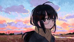  ahoge black_eyes black_hair blush building earbuds earphones female glasses grass grey-framed_eyewear highres horizon long_hair looking_at_viewer original outdoors painterly parted_lips portrait scarf semi-rimless_eyewear sidelocks solo tree twilight under-rim_eyewear yellow_pupils zinbei 