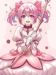  :d blush bow_(weapon) bubble_skirt choker collarbone commentary_request dot_nose female flat_chest floating_hair flower frilled_sleeves frills gloves gradient_background hair_between_eyes hair_ribbon hands_up happy heart heart_background holding holding_bow_(weapon) holding_weapon izumi_(2476264) kaname_madoka kaname_madoka_(magical_girl) looking_at_viewer magical_girl mahou_shoujo_madoka_magica mahou_shoujo_madoka_magica_(anime) open_mouth pink_background pink_eyes pink_flower pink_hair pink_ribbon pink_theme puffy_short_sleeves puffy_sleeves red_choker red_flower ribbon shaded_face short_sleeves short_twintails sidelocks simple_background skirt smile solo soul_gem standing tareme teeth twintails upper_body upper_teeth_only weapon white_background white_gloves white_skirt 