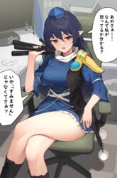  blue_dress blue_hair blue_headwear boots breasts chair commentary cross-laced_footwear crossed_legs dress female highres holding holding_tripod iizunamaru_megumu kanpa_(campagne_9) lace-up_boots long_hair looking_at_viewer monitor office office_chair pointy_ears pom_pom_(clothes) red_eyes ribbon-trimmed_dress ribbon-trimmed_sleeves ribbon_trim short_dress sitting solo speech_bubble swivel_chair thighs touhou translated tripod 