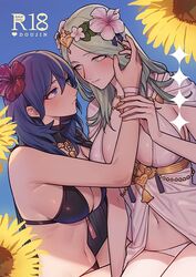  2girls bikini black_bikini blue_eyes blue_hair blush breasts byleth_(female)_(fire_emblem) byleth_(female)_(summer)_(fire_emblem) byleth_(fire_emblem) cleavage closed_mouth cover cover_page doujin_cover fire_emblem fire_emblem:_three_houses fire_emblem_heroes flower from_side green_eyes green_hair hair_between_eyes hair_flower hair_ornament hibiscus highres ikarin imminent_kiss large_breasts long_hair medium_breasts multiple_girls navel official_alternate_costume rhea_(fire_emblem) rhea_(summer)_(fire_emblem) sideboob swimsuit white_bikini yuri 