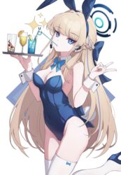  animal_ears aqua_bow aqua_bowtie blonde_hair blue_archive blue_bow blue_eyes blue_footwear blue_hair blue_halo blue_leotard bow bowtie braid breasts cleavage commentary cup detached_collar drinking drinking_glass drinking_straw earpiece earrings fake_animal_ears fake_tail female hairbow halo high_heels highleg highleg_leotard highres holding holding_tray jewelry leg_up leotard long_hair looking_at_viewer medium_breasts multicolored_hair official_alternate_costume playboy_bunny rabbit_ears rabbit_tail ripnte simple_background single_earring solo sparkle standing standing_on_one_leg strapless strapless_leotard streaked_hair tail thighhighs toki_(blue_archive) toki_(bunny)_(blue_archive) tray v very_long_hair white_background white_thighhighs white_wrist_cuffs wrist_cuffs 