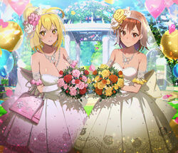  2girls bag balloon bare_shoulders blonde_hair blurry blurry_background blush bouquet breasts bright_pupils brown_eyes brown_hair cleavage closed_mouth collarbone day dress flower gradient_sleeves hair_between_eyes hair_bun hair_flower hair_ornament handbag highres holding holding_bouquet holding_flower jewelry kagura_kurosaki large_breasts leaf light_blush looking_at_viewer medium_breasts medium_hair misaka_mikoto multiple_girls necklace no_pupils orange_flower orange_rose outdoors parted_lips pink_flower pink_rose pink_sleeves pleated_dress red_flower red_rose rose shiny_skin shokuhou_misaki short_sleeves single_hair_bun sparkle sparkling_eyes standing strapless strapless_dress symbol-shaped_pupils teeth toaru_kagaku_no_mental_out toaru_kagaku_no_railgun toaru_majutsu_no_index toaru_majutsu_no_index:_imaginary_fest veil wedding_dress white_dress white_flower white_sleeves yellow_flower yellow_pupils yellow_rose yellow_sleeves 