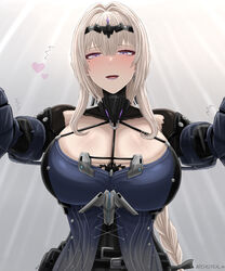  archstreal bare_shoulders belt bianca:_stigmata_(punishing:_gray_raven) bianca_(punishing:_gray_raven) black_gloves black_leotard blush braid braided_ponytail breasts cleavage elbow_gloves female gauntlets gloves grey_hair hair_ornament highres large_breasts leotard long_hair looking_at_viewer mole mole_under_eye open_mouth outstretched_arms punishing:_gray_raven purple_eyes sidelocks smile solo 