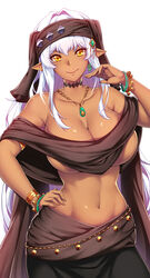  &gt;:) armlet bracelet breasts choker closed_mouth commission cowboy_shot dark-skinned_female dark_elf dark_skin earrings elf female groin hand_on_own_hip headband jewelry large_breasts looking_at_viewer megatama navel necklace original pointy_ears revealing_clothes sidelocks smile solo v-shaped_eyebrows white_hair yellow_eyes 