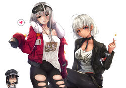  3girls black_mask black_pants breasts cafe_sweety_(nikke) chibi cleavage clothes_writing commentary_request frima_(nikke) goddess_of_victory:_nikke green_eyes grey_hair highres large_breasts long_hair looking_at_viewer mask_pull milk_(nikke) mini_dang01 multiple_girls off_shoulder pants pillow shirt sleep_mask sugar_(nikke) torn_clothes torn_pants white_shirt 