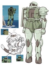  cable clenched_hands gundam highres keuma mecha mobile_suit_gundam mobile_suit_gundam:_cucuruz_doan&#039;s_island one-eyed parody quality reference_inset robot science_fiction standing water zaku_ii zeon 