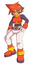  atlas_(mega_man) bad_id bad_twitter_id belt black_bodysuit bodysuit boots breasts brown_belt brown_hair bumpkin_(bumpkinnie) clenched_teeth crop_top cropped_jacket english_commentary female highres jacket looking_to_the_side medium_breasts mega_man_(series) mega_man_zx mega_man_zx_advent multicolored_hair orange_footwear orange_jacket pants pink_eyes red_hair short_hair sleeveless sleeveless_jacket solo teeth two-tone_hair v-shaped_eyebrows white_pants 