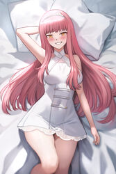  blush breasts dress fate/grand_order fate_(series) female grin hairband highres long_hair looking_at_viewer lying medb_(fate) medb_(lostroom_outfit)_(fate) medium_breasts on_back pillow pink_hair shinsaku_(stan-art) sidelocks smile solo white_dress yellow_eyes 