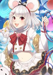  :d =_= animal animal_ears balloon blue_sky blunt_bangs blush bow bowtie brooch buttons cheese cloud collared_shirt commentary crop_top crop_top_overhang day eating fake_animal_ears female food frilled_skirt frills granblue_fantasy grey_hair hair_ornament hairclip heart heart_brooch holding holding_balloon jewelry long_sleeves looking_at_viewer midriff mouse_(animal) mouse_ears navel open_mouth pleated_skirt red_bow red_eyes rktsm shawl shirt short_hair sidelocks skirt sky smile solo_focus upper_body vikala_(granblue_fantasy) white_shawl white_shirt white_skirt 