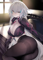  ahoge ass bad_id bad_pixiv_id bikini bikini_top_only black_bikini black_gloves black_pantyhose blush breasts cleavage collarbone commentary_request day fate/grand_order fate_(series) female gloves hair_between_eyes highres indoors jeanne_d&#039;arc_alter_(fate) jeanne_d&#039;arc_alter_(swimsuit_berserker)_(fate) large_breasts lips long_hair long_sleeves looking_at_viewer no_pants noto_kurumi o-ring o-ring_bikini o-ring_top pantyhose parted_lips short_hair shrug_(clothing) solo sweatdrop swimsuit thighband_pantyhose very_long_hair white_hair window yellow_eyes 