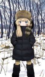  absurdres bare_tree black_coat blonde_hair blue_eyes blush closed_mouth coat commentary day dot_mouth english_commentary feet_out_of_frame female fur_hat hands_in_pockets hat highres horizon long_hair long_sleeves looking_at_viewer original outdoors raccoon_hat snow solo standing tree winter winter_clothes winter_coat zinbei 