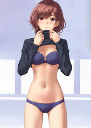  ass_visible_through_thighs black_sweater blue_bra blue_panties bow bow_panties bra breasts brown_hair clothes_lift commentary cowboy_shot earrings female hair_ornament hairclip hairpin highres higuchi_madoka idolmaster idolmaster_shiny_colors jewelry lace lace_bra lace_panties lifting_own_clothes light_blush lingerie looking_at_viewer midriff miura-n315 mole mole_under_eye navel panties shirt_lift short_hair simple_background small_breasts solo standing sweater thighs turtleneck underwear 