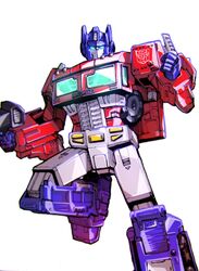  autobot blue_eyes clenched_hand glowing glowing_eyes gun highres holding holding_gun holding_weapon looking_at_viewer mecha nasutetsu no_humans optimus_prime robot science_fiction simple_background solo transformers transformers:_war_for_cybertron_trilogy weapon white_background 