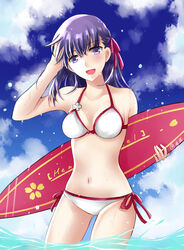  :d absurdres bad_id bad_pixiv_id bikini blue_sky breasts cleavage cloud cloudy_sky collarbone day empty_(empty029) fate/stay_night fate_(series) female hair_between_eyes hair_ribbon hand_in_own_hair highres holding long_hair matou_sakura medium_breasts navel official_alternate_costume open_mouth outdoors purple_eyes purple_hair red_ribbon ribbon side-tie_bikini_bottom sky smile solo standing swimsuit wading water white_bikini 