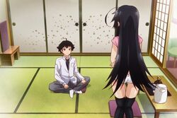  1boy anime_screenshot black_hair female from_behind jinryou_karen kagurazaka_kimito long_hair ore_ga_ojou-sama_gakkou_ni_&quot;shomin_sample&quot;_toshite_rachirareta_ken tatami thighhighs 