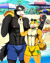  2017 abs anthro bearlovestiger13 biceps canid canine canis clothing domestic_dog duo eyewear food fur hi_res male mammal muscular muscular_male natsume_(tooboe_bookmark) nipples nitobe pecs summer sunglasses swimwear tooboe_bookmark 