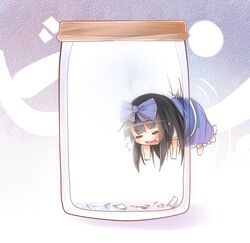  bikuseno black_hair blue_background bottle bow broken_glass chibi commentary_request female glass hairbow in_bottle in_container long_hair mini_person minigirl solo star_sapphire stuck touhou 