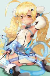  ahoge armpits ass azur_lane bare_shoulders blonde_hair boku_(bo_ku) boots breasts closed_mouth detached_sleeves eldridge_(azur_lane) female female folded_leg from_behind fur_trim high_heel_boots huge_ahoge long_hair looking_at_viewer looking_back pantyshot pantyshot_(sitting) simple_background sitting small_breasts twintails twisted_torso underwear wariza white_panties yellow_eyes 