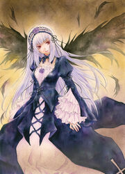  aoi_yuuka_(ao_no_kokoro) colored_pencil_(medium) commentary_request dress female hairband long_hair painting_(medium) pastel_(medium) red_eyes rozen_maiden solo suigintou traditional_media watercolor_(medium) white_hair wings 