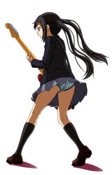  ass black_hair black_socks blazer brown_eyes commentary_request female guitar highres instrument jacket k-on! kneehighs loafers long_hair mitamura-kun_(landcell) nakano_azusa panties print_panties sakuragaoka_high_school_uniform school_uniform shoes skirt socks solo star_(symbol) star_print twintails underwear 