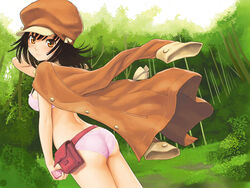  ass bakemonogatari black_hair blush bra brown_eyes commentary_request day female homunculus_(alchemynote) jacket jacket_on_shoulders lingerie looking_back monogatari_(series) outdoors panties photoshop_(medium) pink_bra pink_panties pouch sengoku_nadeko smile solo underwear underwear_only 