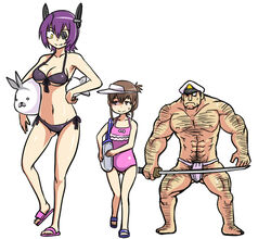  1boy 2girls admiral_(kancolle) alternate_costume bag bikini breasts brown_eyes brown_hair cleavage commentary_request eyepatch folded_ponytail fundoshi hat headgear height_difference holding inazuma_(kancolle) japanese_clothes kantai_collection katana large_breasts matsuda_chiyohiko multiple_girls peaked_cap purple_hair seal_(animal) shimakaze_(kancolle) shimakaze_(seal) short_hair shoulder_bag simple_background swimsuit sword tenryuu_(kancolle) tonda weapon white_background yellow_eyes 