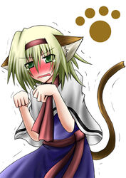  alice_margatroid animal_ears blonde_hair blush cat_ears cat_tail commentary_request female green_eyes hairband nanatu_yashiki short_hair solo tail tears touhou trembling 