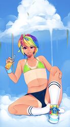  bikini_top bottle cloud female flat_chest highres lip_piercing loyproject my_little_pony my_little_pony_friendship_is_magic navel personification piercing pink_eyes pinky_out rainbow_dash_(mlp) rainbow_hair shoes short_hair short_shorts shorts single_shoe sitting smile sneakers socks solo tan tanline tomboy wristband 