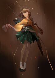  arrow_(projectile) bad_id bad_pixiv_id bow_(weapon) brown_hair female flight_deck full_body geta gloves green_hakama hakama hakama_short_skirt hakama_skirt highres hiryuu_(kancolle) japanese_clothes kantai_collection kimono long_sleeves narotake one_side_up partially_fingerless_gloves quiver short_hair skirt socks solo sunlight weapon wide_sleeves yellow_kimono yugake 