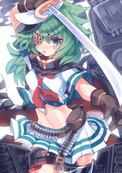  bad_id bad_pixiv_id cape eyepatch female green_eyes green_hair hat holding iwashi_(sardineblue) kantai_collection kiso_(kancolle) kiso_kai_ni_(kancolle) long_hair machinery navel open_mouth school_uniform serafuku solo sword weapon 