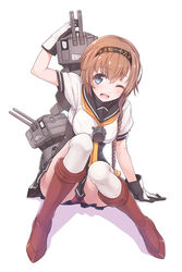  black_gloves blue_eyes blush boots braid breasts brown_hair chou-10cm-hou-chan_(teruzuki&#039;s) clothes_writing gloves hair_flaps hairband headband highres kantai_collection knee_boots kneehighs konnyaku_(kk-monmon) long_hair looking_at_viewer medium_breasts miniskirt neckerchief one_eye_closed open_mouth panties pantyshot pleated_skirt red_footwear red_panties school_uniform serafuku short_hair skirt solo teruzuki_(kantai_collection) underwear white_legwear 