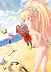  3girls absurdres ass ball beach beachball bikini blonde_hair blue_eyes blue_one-piece_swimsuit blue_sky blush breasts brown_hair buried closed_eyes cloud commentary day dragon_plant_(p&amp;d) english_commentary facial_mark forehead_mark hand_on_own_hip headpiece highres horns innertube kushinada_(p&amp;d) long_hair looking_back luse_maonang male_swimwear medium_breasts multiple_girls name_tag odin_(p&amp;d) one-piece_swimsuit outdoors pom_pom_(clothes) ponytail purple_hair puzzle_&amp;_dragons red_eyes sakuya_(p&amp;d) sand sand_castle sand_sculpture school_swimsuit shadow shynee_(p&amp;d) sky smile sunlight swim_ring swim_trunks swimsuit tail twintails very_long_hair water yellow_bikini yomi_(p&amp;d) 