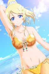  arm_up armpits ayase_eli bikini blonde_hair blue_eyes blush cloud commentary_request day dutch_angle female floral_print flower front-tie_top gakuzan hair_flower hair_ornament hair_scrunchie highres lens_flare light_smile looking_at_viewer love_live! love_live!_school_idol_project midriff orange_bikini ponytail print_bikini scrunchie side-tie_bikini_bottom sky solo sweat swimsuit white_scrunchie 