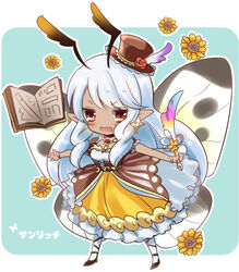  antennae blush book bug butterfly character_name chibi commentary_request cross-laced_footwear dark-skinned_female dark_skin dress fairy feathers female flower frilled_dress frills hat high_heels holding hoshino_(nia_hoshino) insect_wings jewelry long_hair mini_hat mini_top_hat moth_wings necklace open_mouth orange_eyes pantyhose pen photoshop_(medium) puffy_short_sleeves puffy_sleeves puzzle_&amp;_dragons short_sleeves smile solo sunflower sunrich_(p&amp;d) top_hat translation_request white_hair white_pantyhose wings 