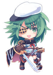  :d bad_id bad_pixiv_id cape chibi eyepatch female green_eyes green_hair hat holding iwashi_(sardineblue) kantai_collection kiso_(kancolle) kiso_kai_ni_(kancolle) long_hair looking_at_viewer navel open_mouth school_uniform serafuku smile solo sword weapon 