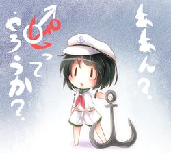  anchor ascot barefoot bikuseno black_hair blue_background chibi commentary_request female hat mars_symbol murasa_minamitsu open_mouth sailor sailor_collar sailor_hat short_hair solo touhou translation_request 