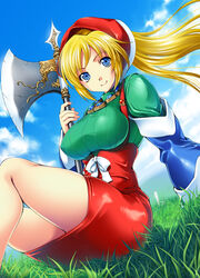  arm_at_side arm_support axe bare_legs blonde_hair blue_eyes blue_sky breasts broken broken_sword broken_weapon closed_mouth cloud cloudy_sky commentary_request day detached_sleeves female floating_hair grass green_sweater headdress high-waist_skirt highres holding holding_axe holding_weapon jewelry knees_up long_hair long_sleeves looking_at_viewer meythia miniskirt necklace outdoors photoshop_(medium) planted planted_sword reclining red_skirt ribbed_sweater ribbon saga saga_frontier_2 sidelocks sitting skirt sky smile solo sweater sword turtleneck turtleneck_sweater weapon white_ribbon wind zankuro 