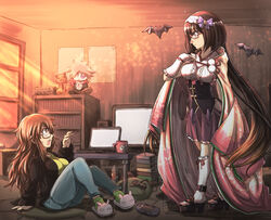  2girls animal_slippers are_you_my_master bat_(animal) book book_stack bottle bunny_slippers commentary computer controller cup fate/extra fate/extra_ccc fate/grand_order fate_(series) feline glasses handheld_game_console highres hikikomori jinako_carigiri karna_(fate) laptop messy_hair mug multiple_girls origami osakabehime_(fate) playstation_portable poster_(object) slippers stuffed_toy television trait_connection zatou_(kirsakizato) 